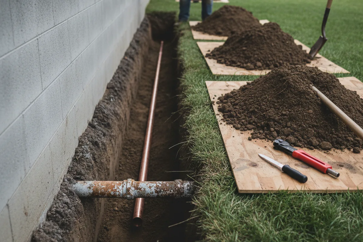 Excavated water line trench during Sewer Line Repair in Ray